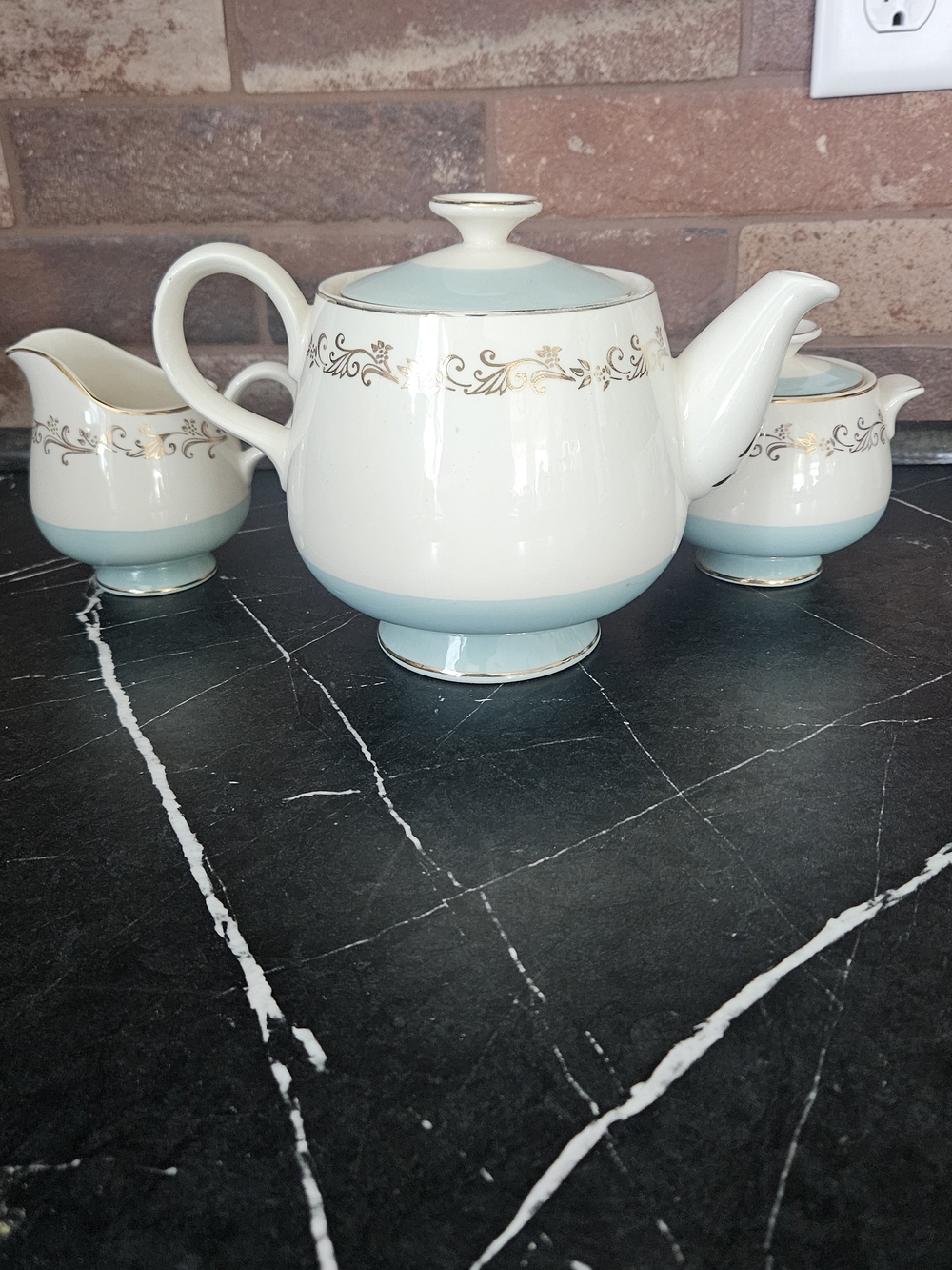 Homer Laughlin Pale Blue and White Porcelain Tea Set with Gold Scroll